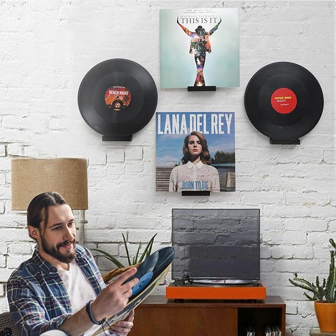 Wood Vinyl Record Shelf Wall Mount, Small Wall Record Holder Display Shelf, Vinyl Record Shelves Record Album Display Holder for LP, CD, Book Art Storage Vintage Home Decor (6, Black)