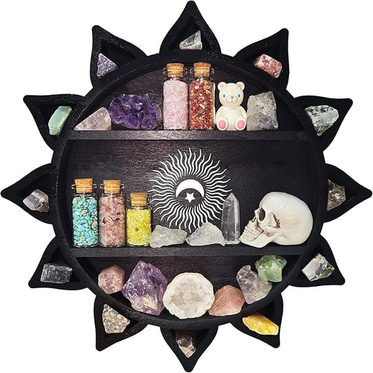 Crystal Shelf Display for Wall, Crystal Display Shelf Chakra Wooden Lotus Flower Crescent Moon Shelf Wall Decor, Decorative Home Floating Shelf Stone Storage Gem Holder Boho Hanging Organizer