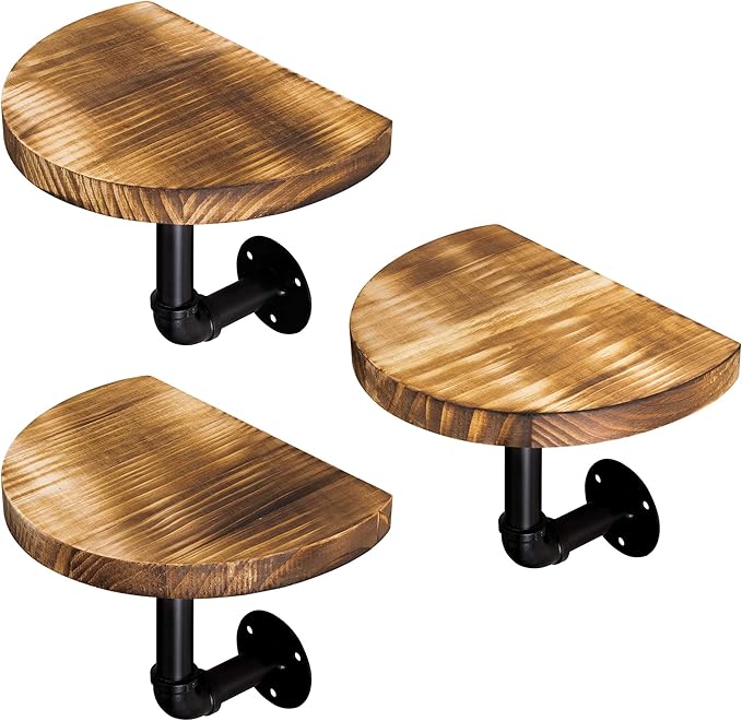 Navaris Industrial Pipe Shelf Set - 3 Small Rounded Wood Shelves with Shelf Brackets - 7.9" x 5.9" Wall-Mounted Wooden Shelving - Size S, Burnt Brown