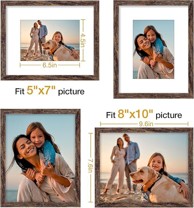 Vittanly 8x10 Picture Frames Set of 4, Display Pictures 5x7 with Mat or 8x10 without Mat, Gallery Wall Frame Set for Wall or Tabletop, Engineered Wood with Shatter Resistant Plexiglass, Rustic Brown