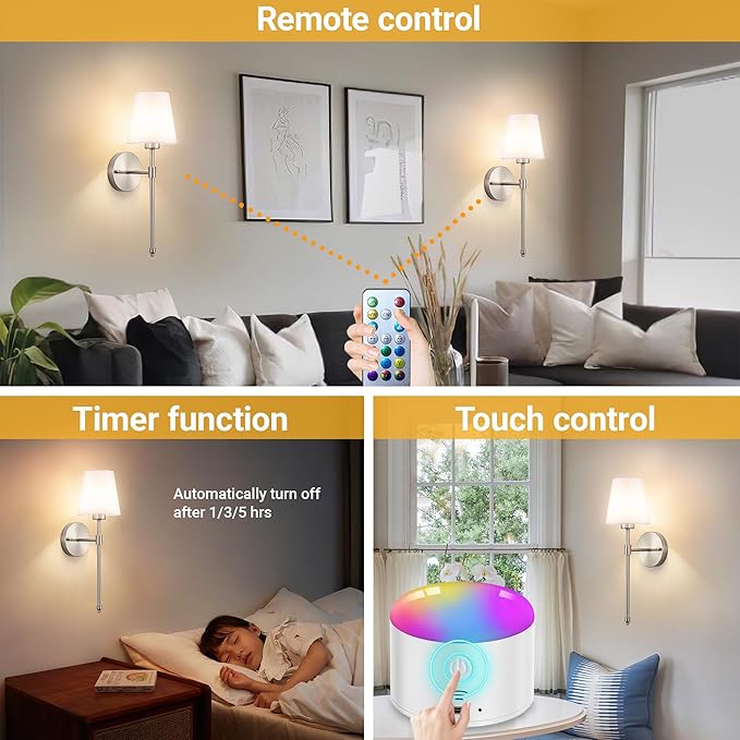 Battery Operated Wall Sconce Set of 2, Rechargeable Wall Sconce with 10000mAh Bulb and Remote Control, Up to 50 Hrs Use, RGB Dimmable Wireless Wall Lights for Living Room Bedroom Hallway