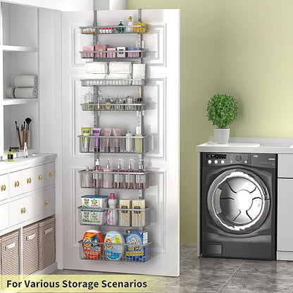 Moforoco Grey Over The Door Pantry Organizer, Pantry Door Organizer Shelves, Kitchen Organizers and Storage, Hanging Basket Wall Spice Rack Seasoning Shelves, Laundry Room Bathroom accessories