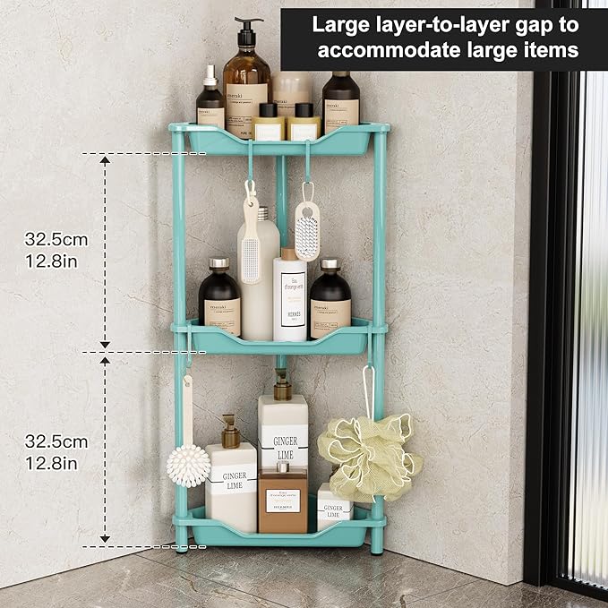 Orimade Rustproof 3 Tier Floor Standing Corner Shower Caddy Organizer, Plastic Metal Splicing Floor Corner Shelf Rack Stands for Bathroom, Blue