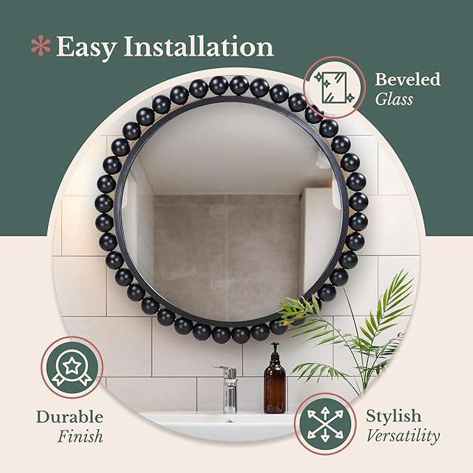 Hamilton Hills Black Circle Mirror - 33 x 33in - Chic Round Mirror for Living Room, Bathroom, Entryway, Vanity Decor -Dimensional Crystal Clear Beads Reflect Light - Home Wall Decor