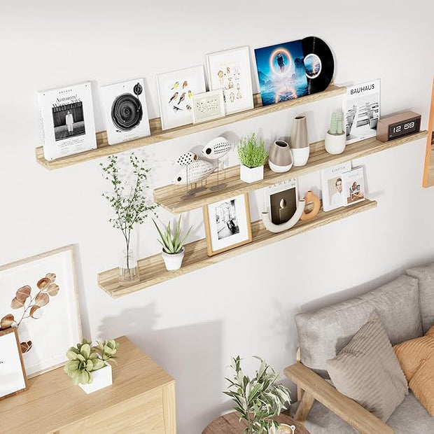 Floating Shelves for Wall, 55 inch Solid Wood Picture Ledge Shelf for Wall Storage, Nursery Book Shelves with Lip for Living Room Bathroom Bedroom Kitchen, Set of 3, Carbonized Black
