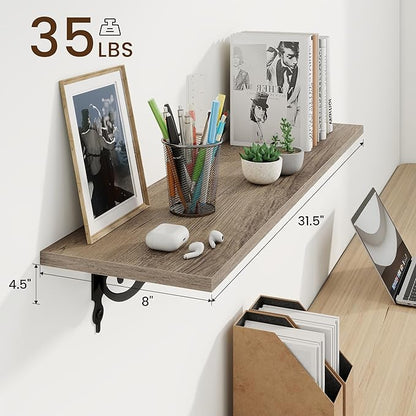RICHFOCUS Floating Shelves for Wall Decor, 31.5W x 8D Shelves Set of 2, 8" Deep Rustic Wood Floating Shelves Wall Mounted with Metal Brackets, Shelves for Living Room Bedroom Kitchen, Grey