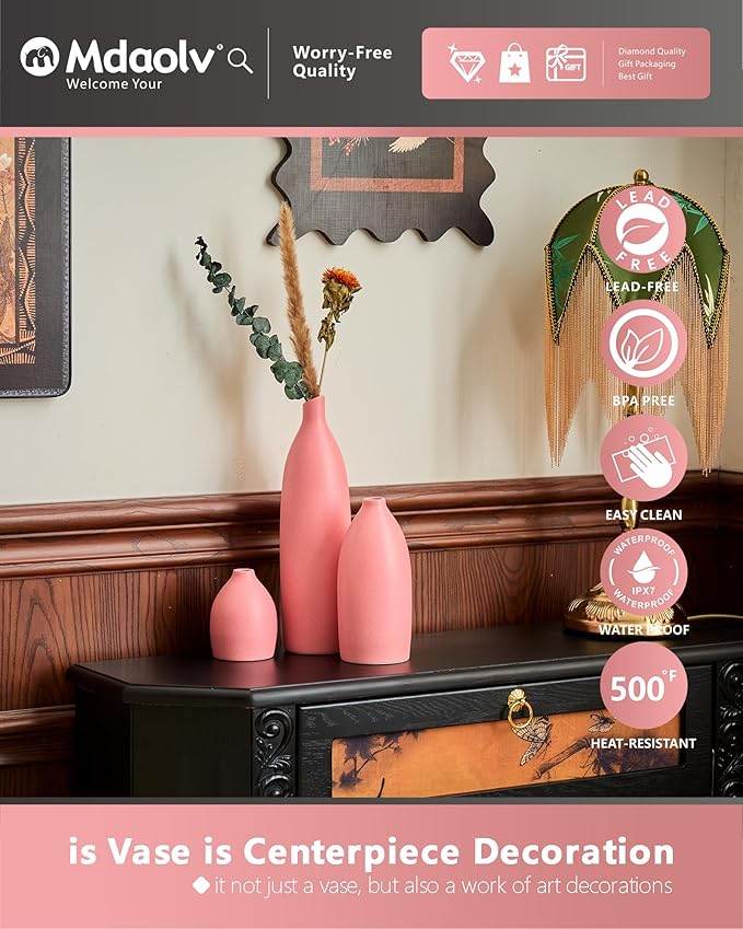 Matte Pink Vase Set of 3 - Modern Boho Aesthetic Bud Ceramic Vases Home Decor - Centerpieces Decor for Dining Table Living Room Coffee Table Bookshelf Mantle Entrance Console Decorations (Pink)