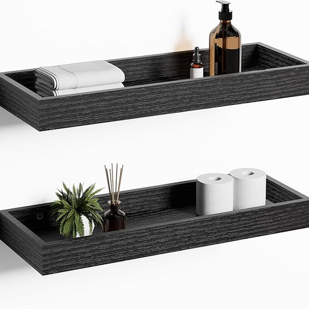 Floating Shelves with Raised Lip for Wall, 15.7 Inch Black Wooden Floating Wall Shelves, Set of 2, Wall Shelves for Bedroom Bathroom Living Room, Rustic Storage Display Shelves