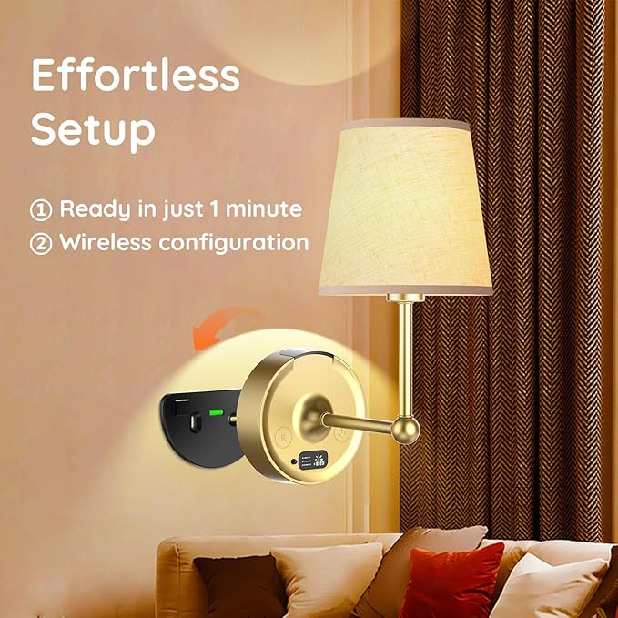 Battery Operated Wall Sconces Set of Two [8000mAh Detachable & Rechargeable Battery] 3 Color Temperature & Dimmable Lamp with LED Display & Remote, Wireless Wall Light for Bedroom & Living Room