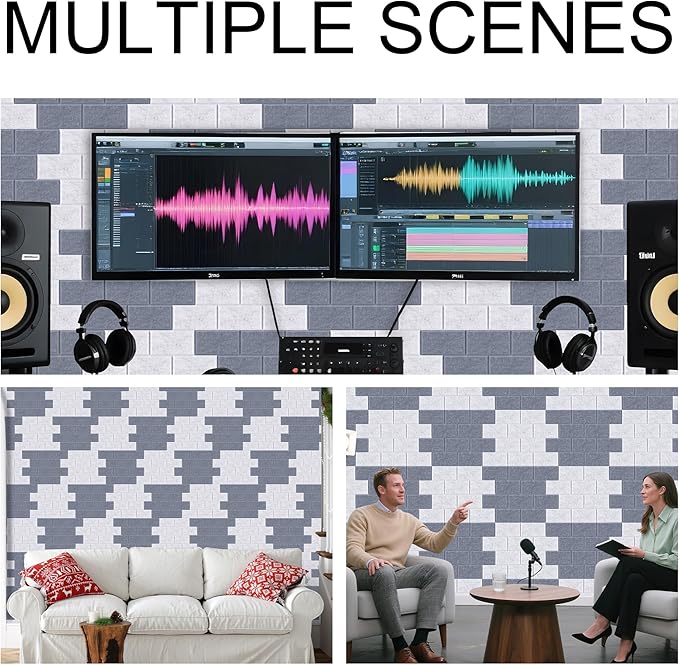 WoveN SounD Brick Acoustic Wall Panels Seamless Visual, High Density, Sound Proof Wall Decor, Noise Blocker Felt Wall Tiles for Home, Studio, Office & Focus Zones (Moon Gray), 16x12x0.4 Inch