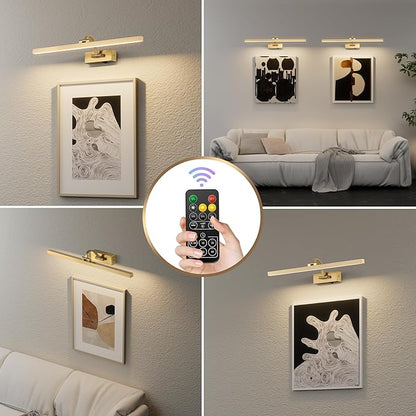 Wireless Picture Lights for Wall,23.5 Inch Brass Art Light for Paintings,Battery Operated Picture Lights with Remote Control,Dimmable Rechargeable Art Lamps for Picture Frame,Gallery