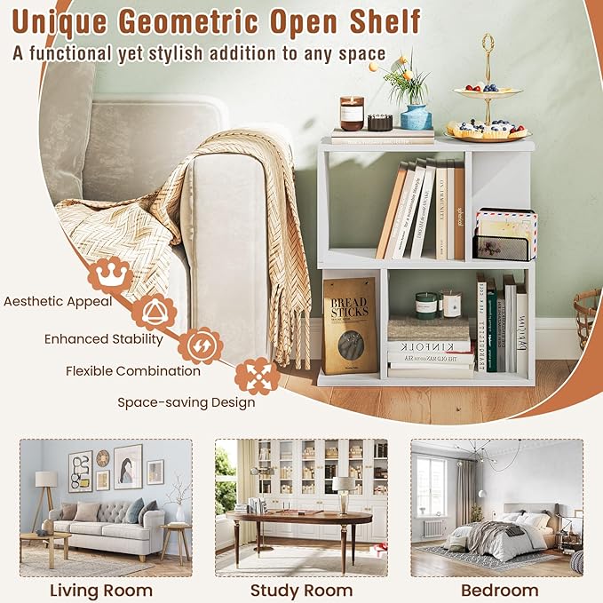 Tangkula 3 Tier Geometric Bookshelf, S Shaped Open Bookcase with Storage, Home Office Decor, Freestanding Wood Display Shelf for Living Room Study, Small Bookshelf for Small Spaces (1, White)
