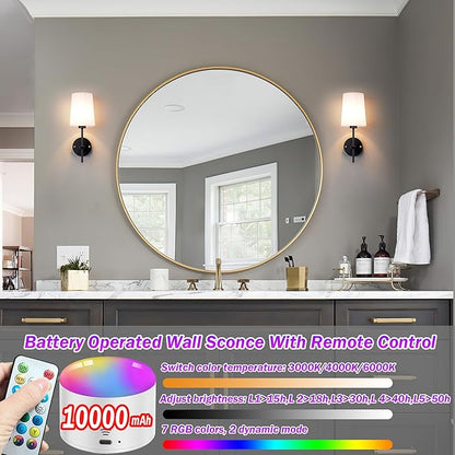Battery Operated Wall Sconce Set of 2, Wireless Dimmable Battery Powered Wall Lamp with Remote Control, White Fabric Shade for Bedroom, Easy To Install, 3 Color Temp Bulb Included