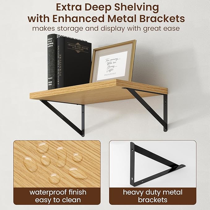 Axeman Deep Floating Shelves - 20 Inch Floating Shelves Set of 2-12 Inch Deep Oak Wall Shelves for Living Room Bathroom Kitchen