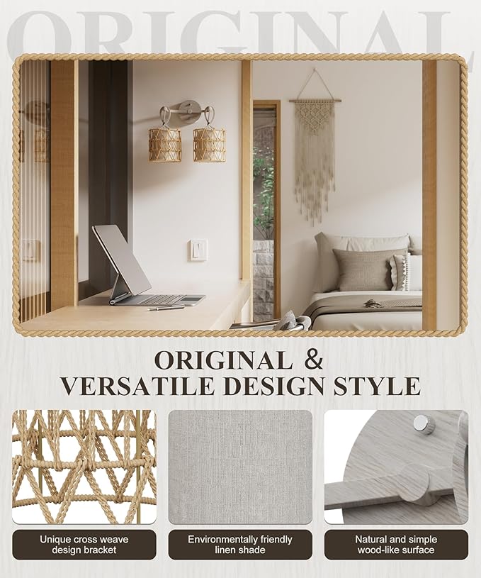 N12-3 Two-Lights Boho Rattan Wall Sconce - Vanity Lights Fixtures for Mirror, Cross-Woven Shade & Hardwired Wall Lamp with Woodgrain Metal Frame, E26 Bulb Base