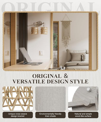 N12-3 Two-Lights Boho Rattan Wall Sconce - Vanity Lights Fixtures for Mirror, Cross-Woven Shade & Hardwired Wall Lamp with Woodgrain Metal Frame, E26 Bulb Base