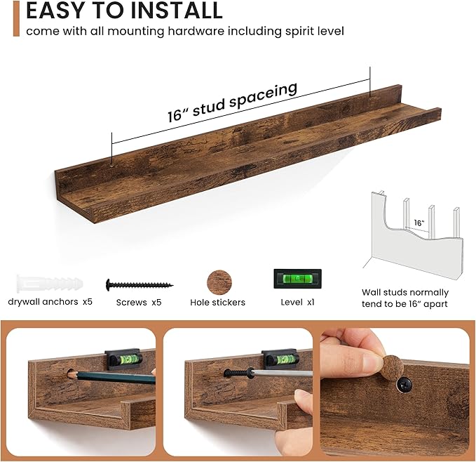 Fun Memories Picture Ledge Shelves Set of 2, 32 Inch Rustic Wall Mounted Floating Shelves with Lip for Home Storage and Décor in Bathroom, Kitchen, Nursery, Bedroom, Living Room, Brown