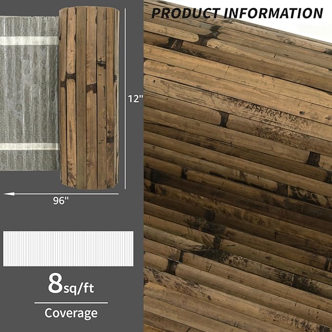Art3d Natural Bamboo Wall Panel for Interior Wall Decor, Renewable Pole Wrap Wainscoting Paneling for Wall Ceiling Furniture Cabinet Office, 12 x 96 Inch - Dark Burned