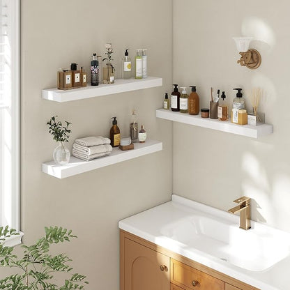 30 Inch Floating Shelves | 6.5 Inch Deep White Floating Shelves Set of 2 | 30" W x 6.5" D Rustic White Wood Wall Shelves with Invisible Brackets for Bathroom Living Room Bedroom