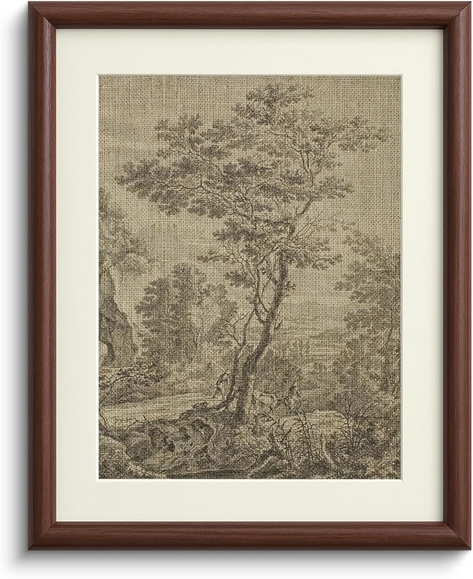 InSimSea Brown Framed Pastoral Tree Wall Art, Vintage Rustic Farmhouse Cottage Landscape Sketch Painting decor for Living Room Study Library Shelf,11x14in, with Acrylic Panel, Canvas Prints Picture