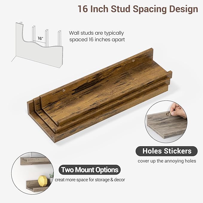 Axeman Picture Ledge Shelf | 16 Inch Brown Floating Shelves Set of 3 | Rustic Brown Wood Wall Shelves with Lip | 16