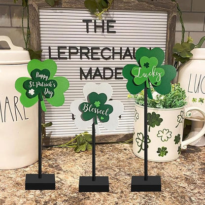 Happy St. Patrick's Day Blessed Lucky Irish Wood Sign Decor Farmhouse Home Office Coffee Bar Kitchen Table Decor 3 Pieces Green