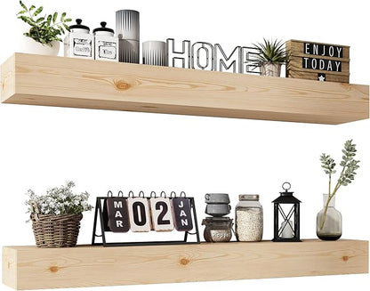 Wall Floating Shelves, Rustic Wood Shelf for Wall Mounted - Wooden Handmade Shelves for Bathroom Kitchen Livingroom - No Stain - DIY(Unfinished, 36 Inch - 2 Pack)