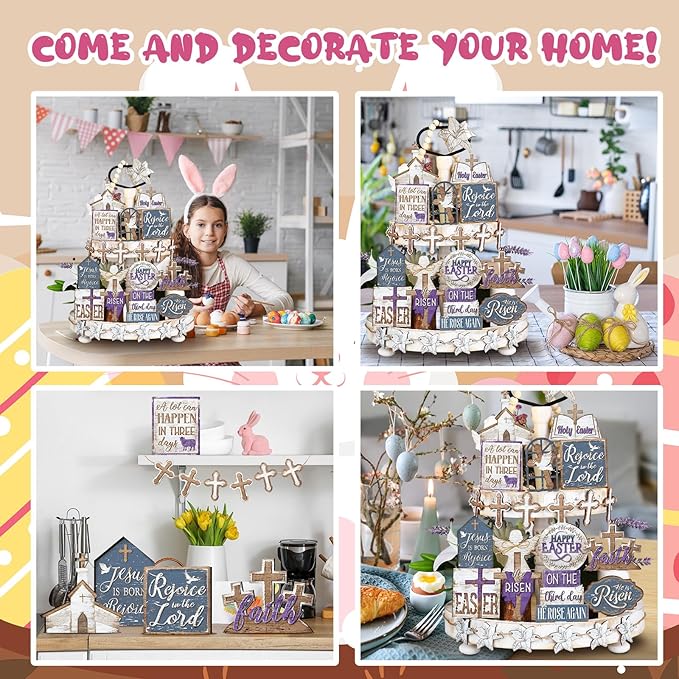 Amyhill 29 Pcs Religious Easter Tiered Tray Decor Christian Easter Decorations He is Risen Cross Lily Purple Wooden Signs Rustic Farmhouse Spring Table Decor for Home Kitchen Shelf