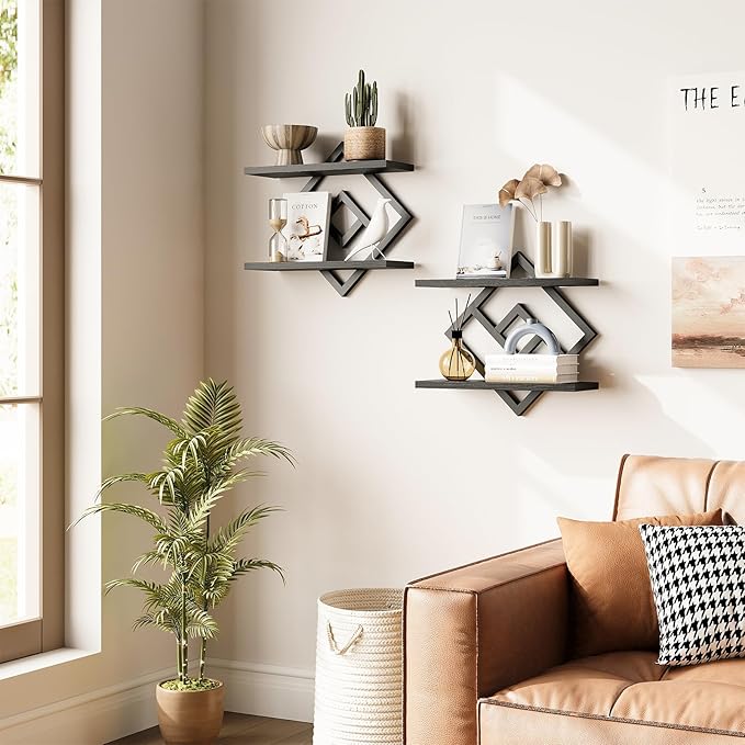 ELYKEN Floating Shelves for Wall, Set of 2 Hanging Shelves, 2-Tier Wall Mounted Storage Shelves for Books & Decor, Perfect for Living Room, Bedroom, Kitchen, Home Office, Study, Black