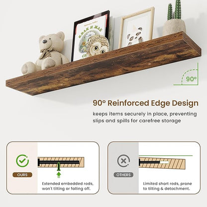 Marsmiles 48in Floating Shelves for Wall, 48" W x 9.25" D x 1.25" H, 2 Pack Long Wall Mounted Engineered Wood Shelves with Invisible Brackets for Living Room, Bedroom, Bathroom, Kitchen, Rustic Brown