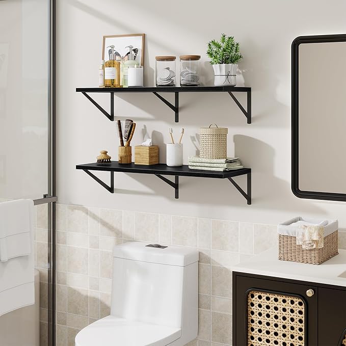 Floating Shelf for Wall,32" WX10 D Wood Floating Shelves with Sturdy Metal Bracket Set of 2,Wall Mounted Hanging Shelf for Bathroom,Bedroom,Kitchen,Black