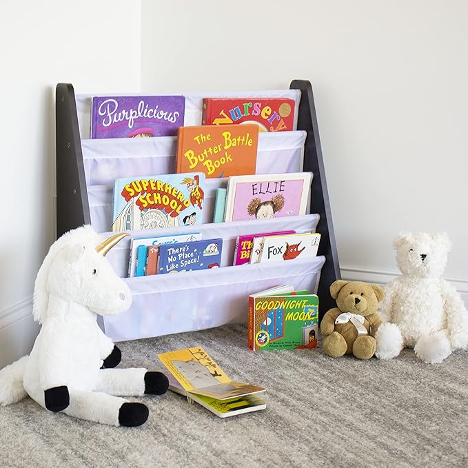 Humble Crew 4-Tier Kids Bookshelf, Espresso Wood/White - Premium Book Shelf for Kids Rooms with Four Deep Pockets - Toddler Sling Book Rack with Deep Sleeves, Nursery Bookcase Organizer