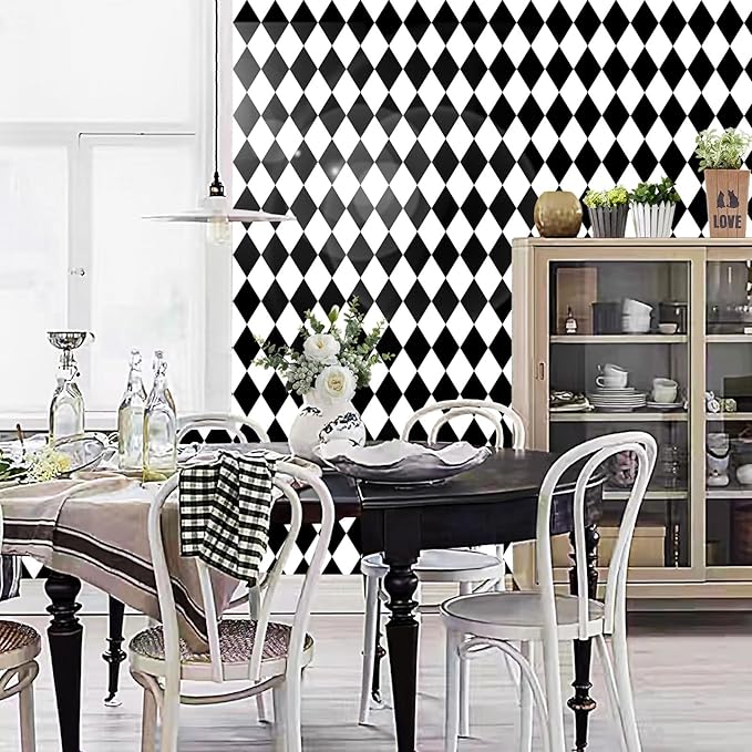 Black and White Peel and Stick Wallpaper Diamond Wallpaper Rhombus Contact Paper Self Adhesive Waterproof Vinyl Roll for Bathroom Kitchen Backsplash Cabinets A Set of 17.3