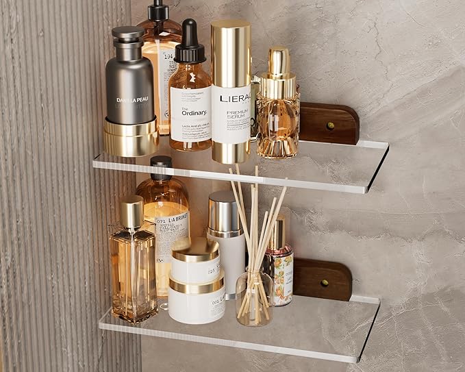 Small Acrylic Floating Shelf for Wall, Clear Acrylic Wall Shelf with Solid Wood Base, Thick Minimalist Display Shelf for Bathroom, Bedroom,Plants, Perfume, Nail Polish,Living Room & Decor