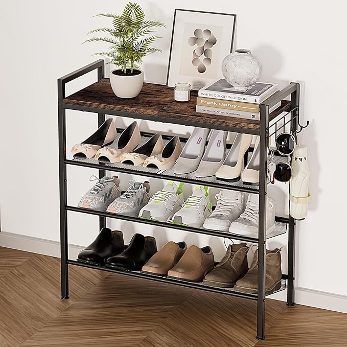 4 Tier Shoe Rack, Shoe Rack for Front Door Entrance with Hook, Shoe Organizer with Adjustable Mesh Shelves, Metal Shoe Rack for Entryway, Closet, Bedroom Living Room Garage