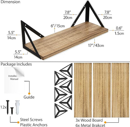 Wallniture Minori Floating Shelves Set of 3, Small Bookshelf Unit for Living Room, Office, and Bedroom, Natural Burned Rustic Wood Wall Decor with Metal Floating Shelf Bracket 6D x 17W x 5.5H in