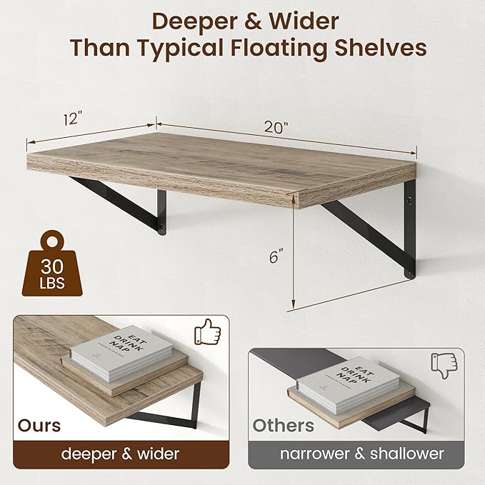 Axeman Deep Floating Shelves - 20 Inch Floating Shelves Set of 2-12 Inch Deep Grey Wall Shelves for Living Room Bathroom Kitchen