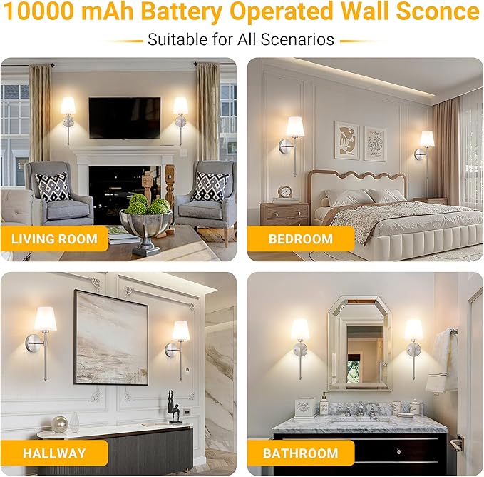 Peel and Stick Wall Sconces, Stick On Wall Sconce Set of 2, Battery Operated Wireless Wall Light, No Drill Adhesive Wall Lamp, Corn Bulb with 10000mAh Rechargeable Battery, Bedroom Wall Decor