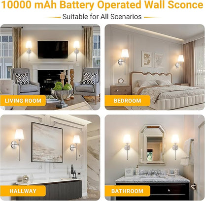 Peel and Stick Wall Sconces, Stick On Wall Sconce Set of 2, Battery Operated Wireless Wall Light, No Drill Adhesive Wall Lamp, Corn Bulb with 10000mAh Rechargeable Battery, Bedroom Wall Decor