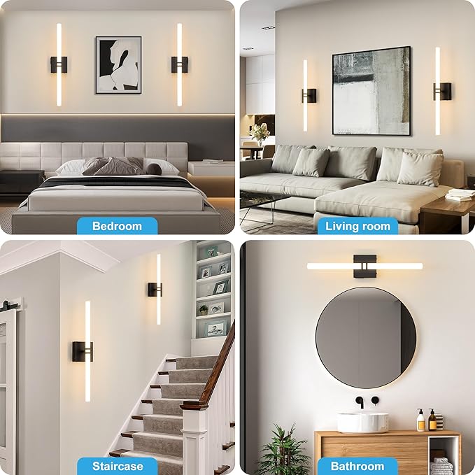 Battery Operated Wall Sconce 1Pack, Black Rechargeable Wall Lights with Dimmable Remote Control, 22 Inch 3000K-6000K LED Wireless Wall Lamps for Bedroom, Hallway, Background Wall