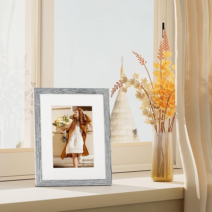 Vittanly 8x10 Picture Frame Set of 4, Display Pictures 5x7 with Mat or 8x10 without Mat, Engineered Wood with Shatter Resistant Plexiglass, Wall Gallery Photo Frames for Wall or Tabletop, Grey