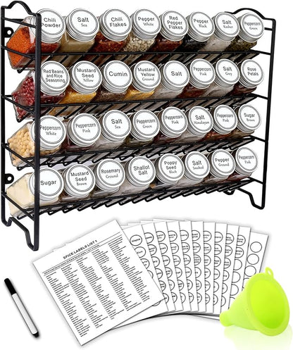 SWOMMOLY Spice Rack Organizer with 32 Empty Square Glass Spice Jars, 386 White Spice Labels with Chalk Marker and Funnel Complete Set, Seasoning Organizer for Countertop, Cabinet or Wall Mount
