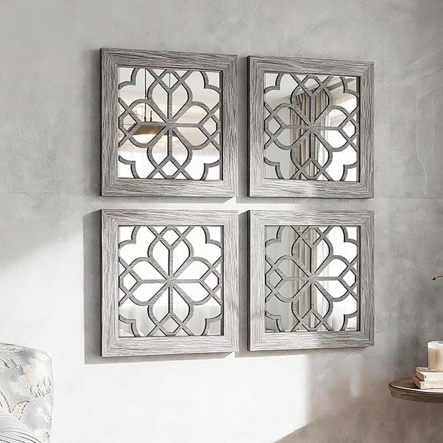 Set of 4 Boho Wall Mirrors with Carved Floral Design, 12x12 Inch Rustic Farmhouse Accent Mirrors, Vintage Style Shatterproof Square Mirror Decor for Living Room, Bedroom(Brown)