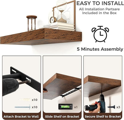Floating Shelves for Wall, 36" W x 12" D x 2" H, 2 Pack of Long Wall Mounted Engineered Wood Shelves with Invisible Brackets for Living Room, Bedroom, Bathroom, Kitchen Decor, Brown