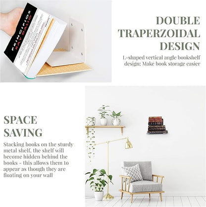 Set of 4 Invisible Floating Bookshelf, Heavy Duty Wall Mounted Book Organizer, Metal Shelves Holder for Books, Large Size (White)