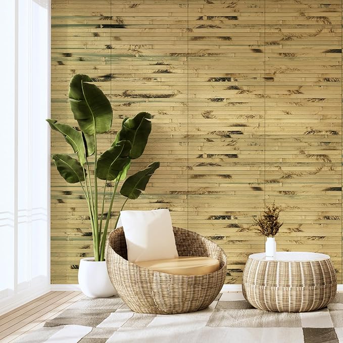 Art3d Natural Bamboo Wall Panel for Interior Wall Decor, Renewable Pole Wrap Wainscoting Paneling for Wall Ceiling Furniture Cabinet Office, 12 x 96 Inch - Light Burned, 1-Pack