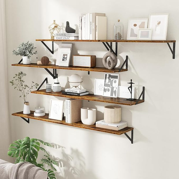 Floating Shelves for Wall,48" Wx8 D Wood Wall Shelves,Hanging Storage Floating Shelf with Metal Brackets,Wide Floating Bookshelf for Living Room,Office,Bedroom,Bathroom,Set of 2,Rustic Brown