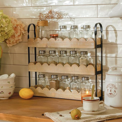 Farmhouse Spice Rack for Countertop 3 Tier Wooden Spice Shelf Organizer for Kitchen Cabinet, Counter or Pantry Space Saving Free Standing Spice Holder for 24 Jars, White