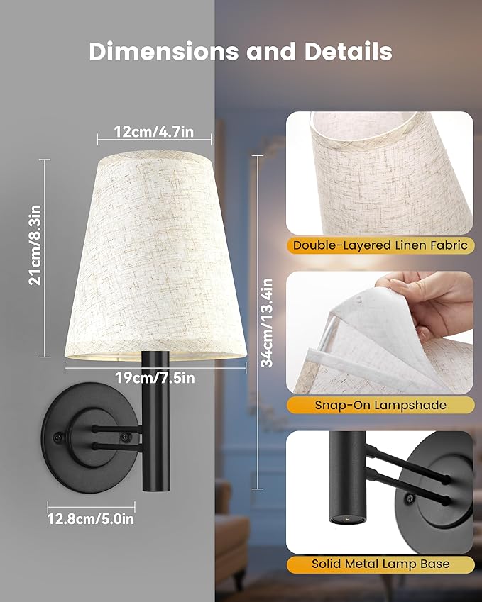 Rechargeable Battery Operated Wall Sconce Set of 2, Wireless LED Wall Lights with Remote & Touch Control, Wall Mounted Lamp Lighting Fixtures for Bedroom Living Room, Matte Black