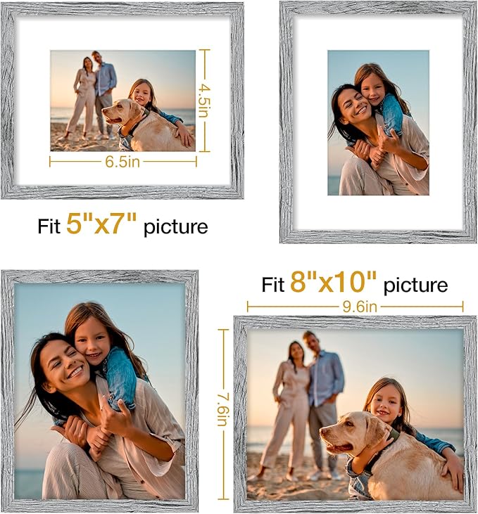 Vittanly 8x10 Picture Frame Set of 4, Display Pictures 5x7 with Mat or 8x10 without Mat, Engineered Wood with Shatter Resistant Plexiglass, Wall Gallery Photo Frames for Wall or Tabletop, Grey
